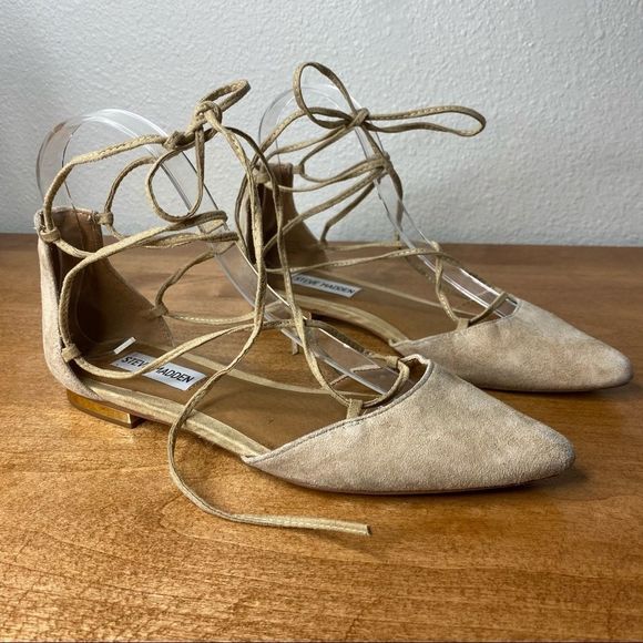 Steve Madden Sunshine Pointed Toe Nude Suede Lace-Up Ballet d’Orsay Flats 6 - Picture 5 of 13